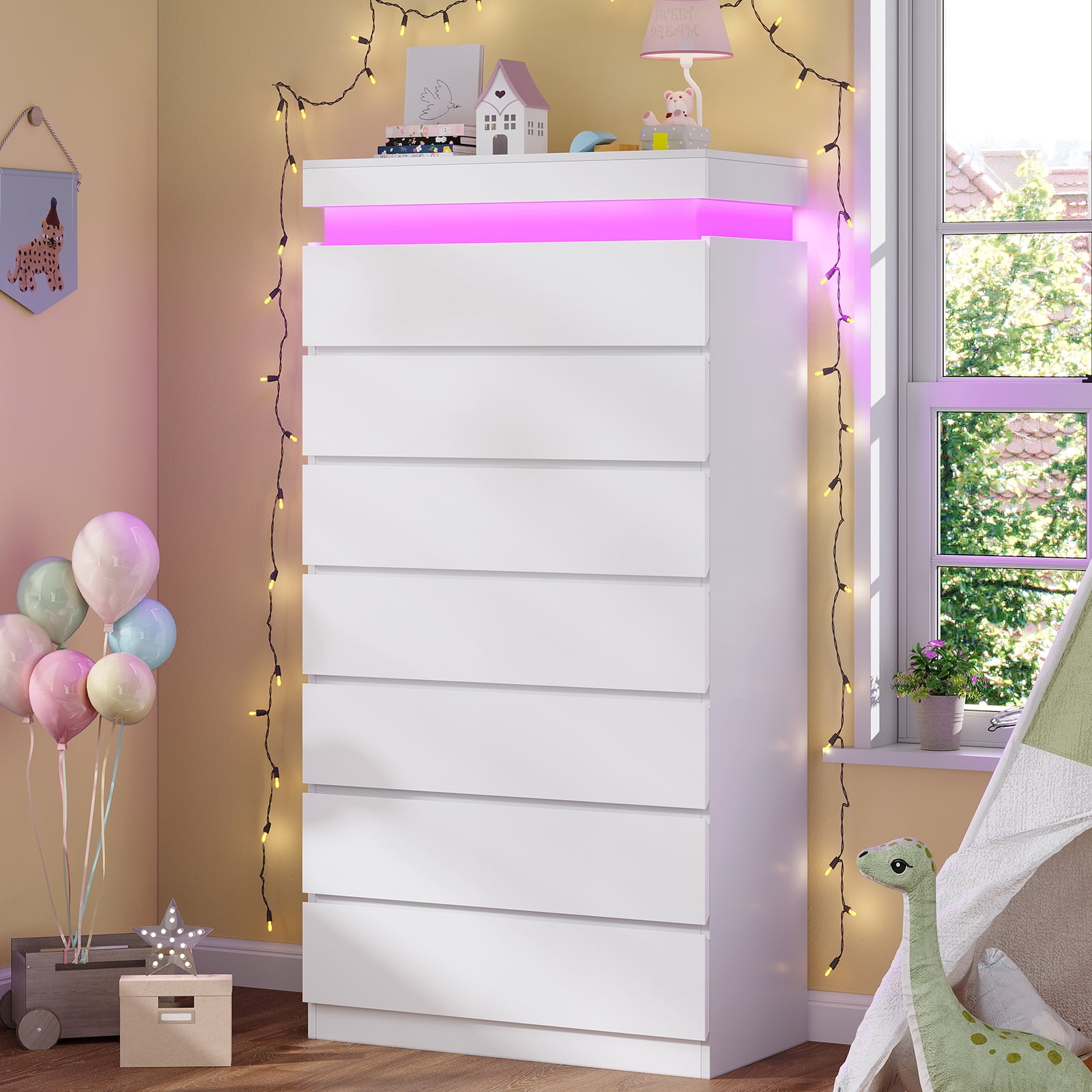 Afuhokles White Tall Dresser Wood 7 Drawer Dressers for Bedroom with LED Light, Wood Chest of Drawers Storage Cabinet.