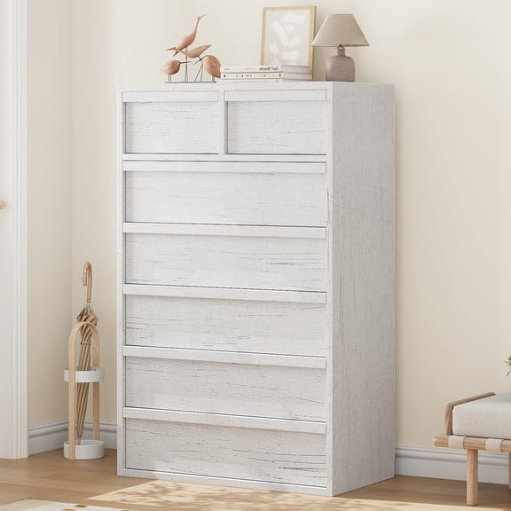 White 7 Drawer Dresser for Bedroom Tall Wooden Chest of Drawers with Large Storage Modern Dresser Organizer for Living Room Entryway White