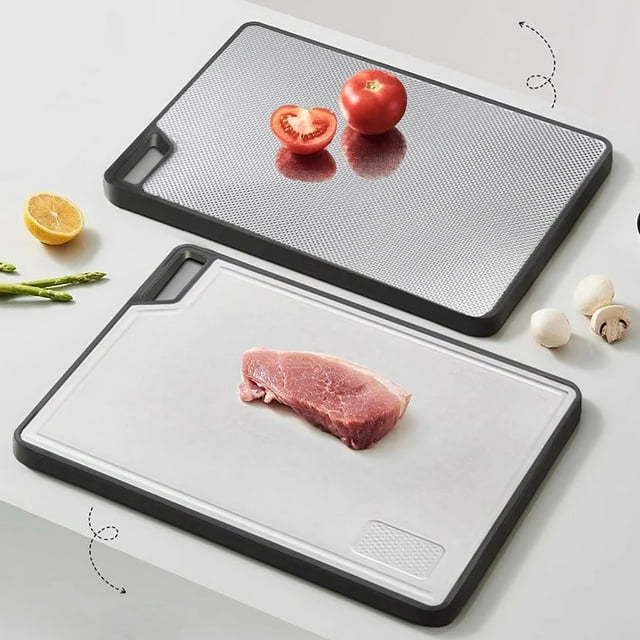 Tabla de cortar de acero inoxidable de doble cara con bordes antideslizantes • Tabla de preparación de frutas de acero inoxidable 304 • Tabla de picar de cocina de 36x26cm con asa colgante