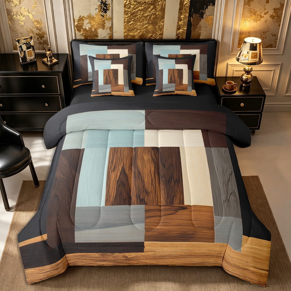 Castle Fairy Mid Century Wood Geometric Inlay 7-Piece Twin Bedding Minimalist Textured Wood Panel Bedding Comforter Set Brown Sky Blue Reversible