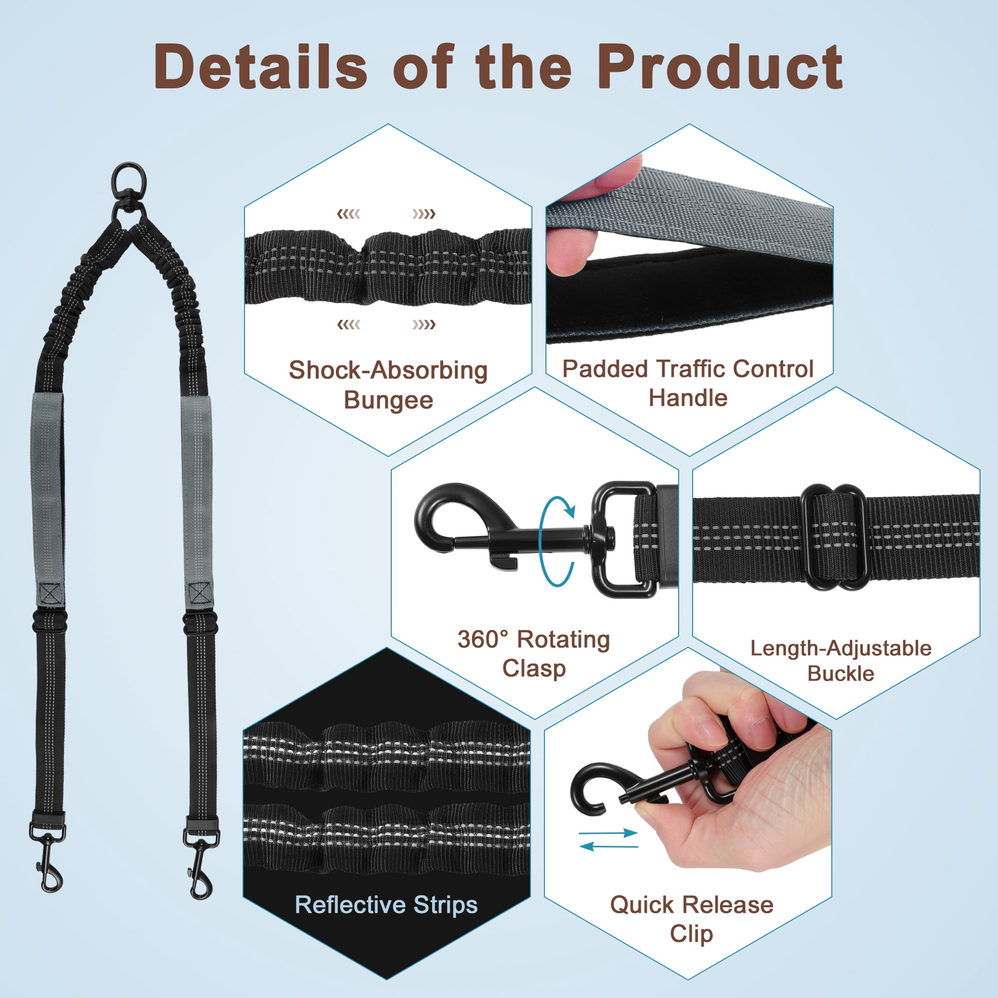 Unique Bargains Adjustable Dog Leash No Tangle Dual Leash for Two Dogs Grey