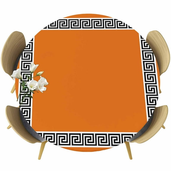 Orange Fitted Tablecloth with Elastic Edged, Round Table Cloth for Dining Table, Black Modern Geometric Abstract Art Aesthetics Waterproof Oil Proof Table Cover for Indoor Outdoor 36"-44"