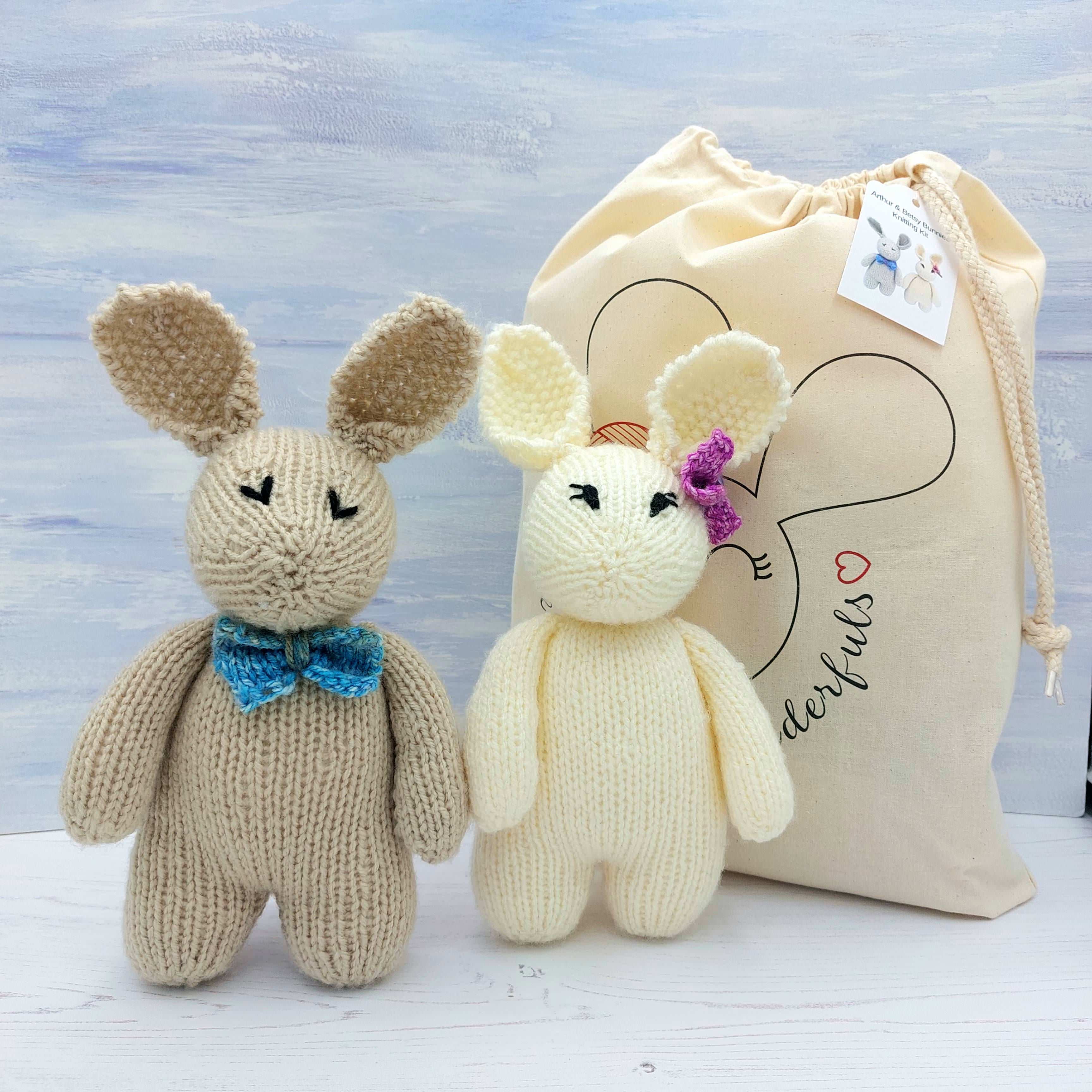 Complete Beginners Knitting Kit Arthur & Betsy Bunny Kit - Learn to knit with step by step video tutorials