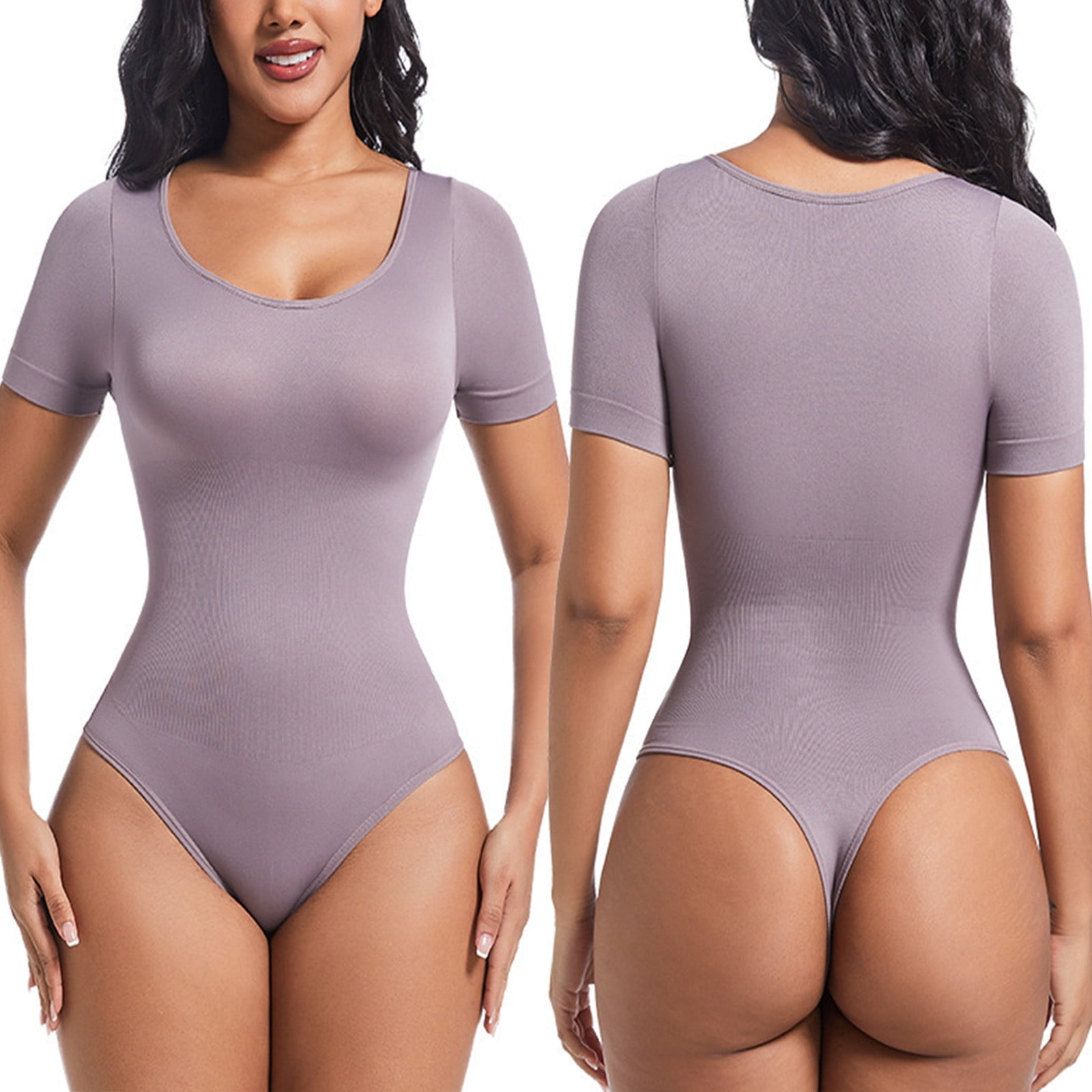 ITSAME Womens Shapewear Bodysuit, Short Sleeve Scoop Neck Ultra Firm Seamless Compression Jumpsuit Purple 2XL