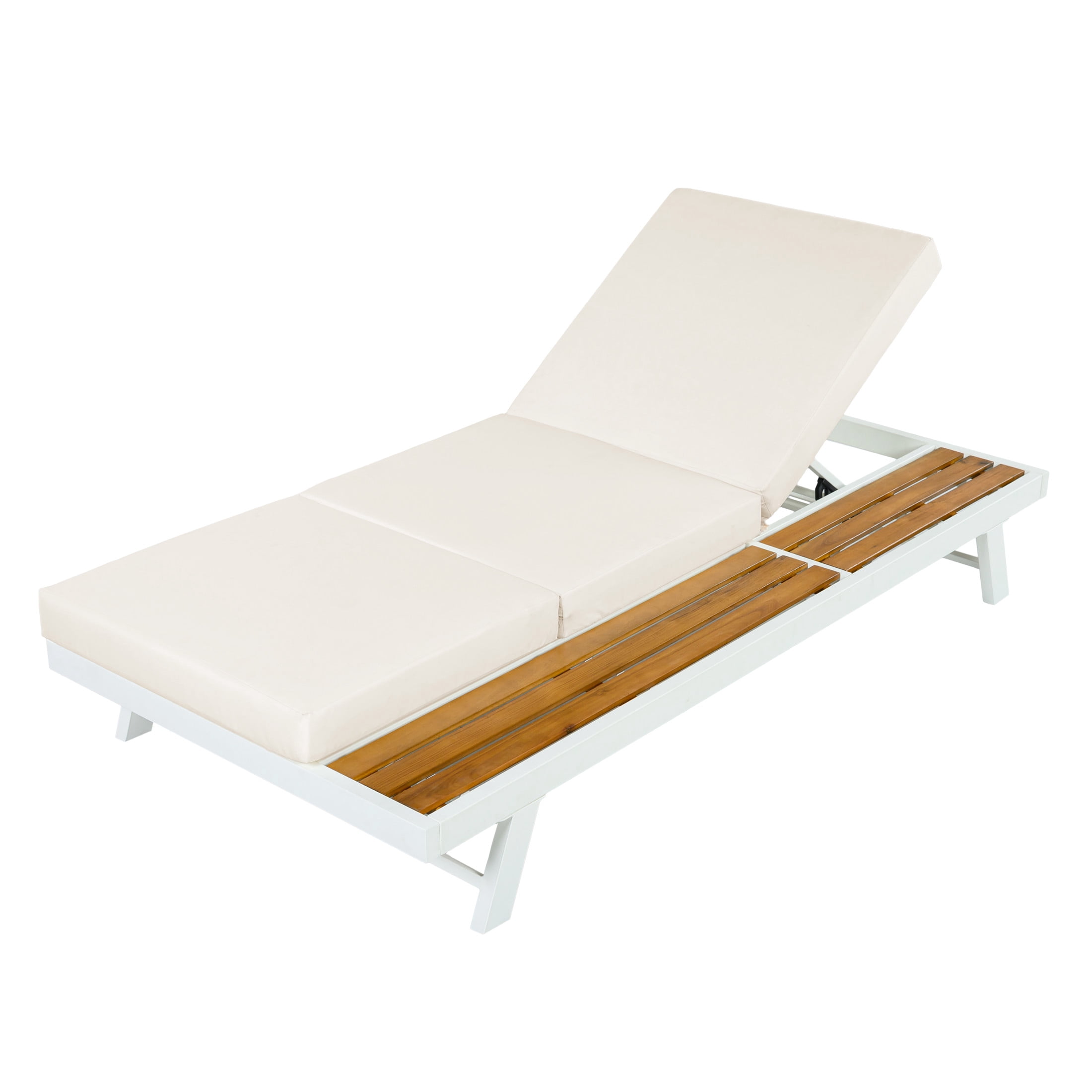 Christopher Knight Home Adjustable Outdoor Iron Chaise Lounge with 3-Fold Cushion, Wood Side Shelf, White+Cream