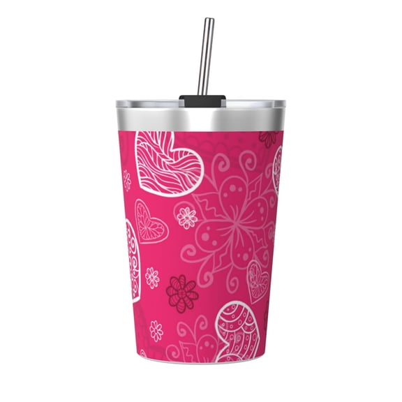 PAYOHTO Pink Bright Heart Pattern Insulated Stainless Steel Tumbler 12 oz Thermos Come with Straw Kids Leak-Proof Travel Mug Cup