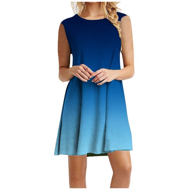Robes d'Été pour Femmes 2022 Robe Débardeur Sans Manches Col Rond Décontractée Ample Simple Ligne Courte Mini Robe de Plage