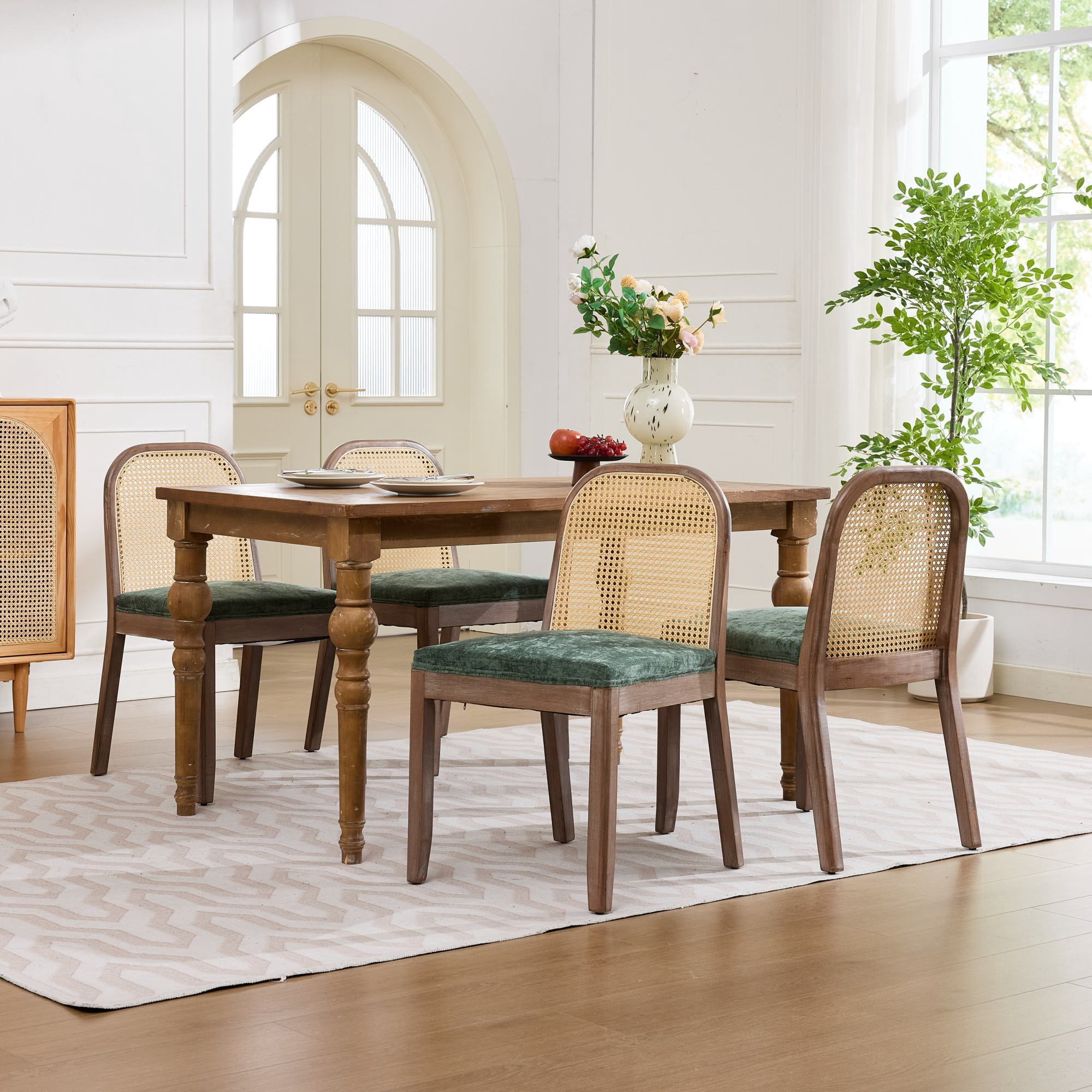 Leumius Set of 2 Curved Arched Cane Back Dining Chairs, Mid Century Farmhouse Side Chairs, Chenille Cushion with S-Spring and Sponge, Armless Accent Chairs for Kitchen Dining Room Olive Green