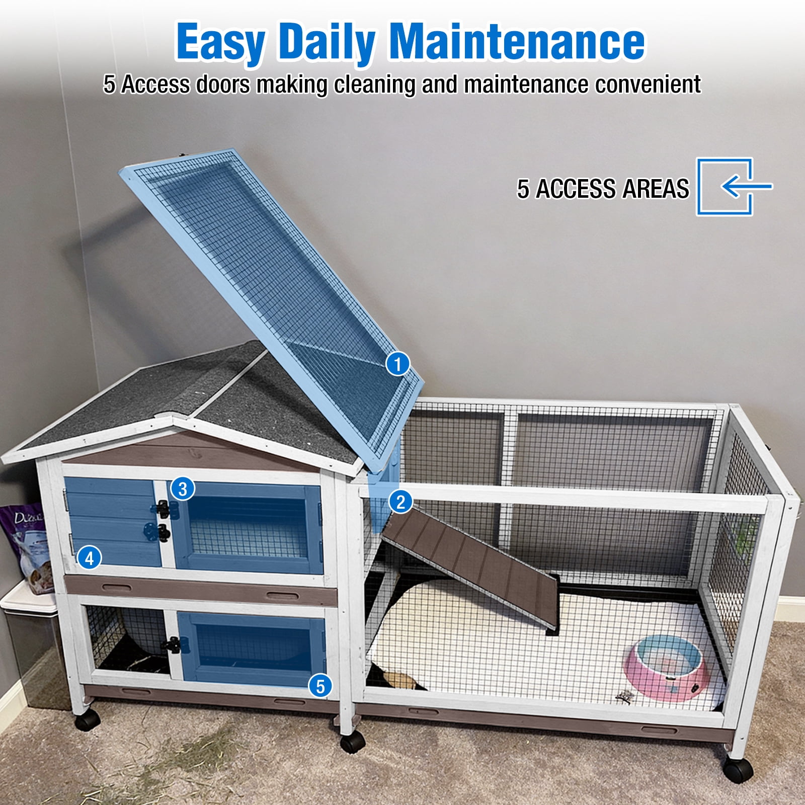 Suumerpety Rabbit Hutch on Wheels Indoor Rabbit Cage Outdoor Bunny Hutch with 3 Plastic Trays & Anti-Chew Ramp Metal Frame Guinea Pig Cage Brown