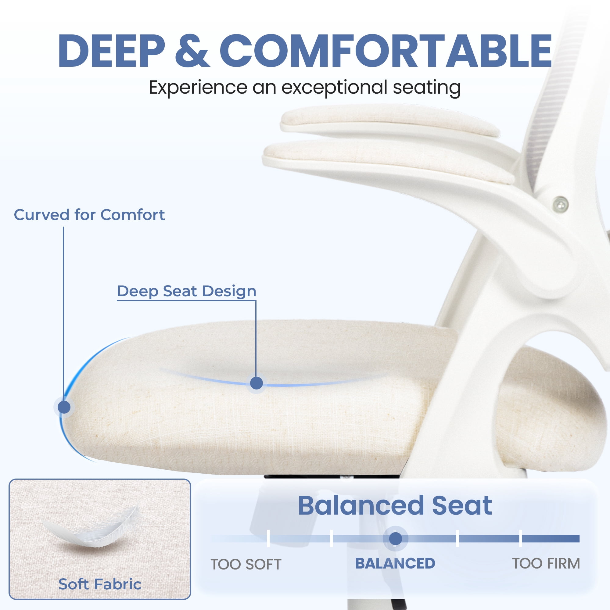 CELTOSS Ergonomic White Office Chair, Flip-Up Arms, Adjustable Lumbar Support, Ivory