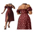 thumbnail image 5 of Femmes Casual Côté Divisé Robe Florale/solide Manches Bouffantes Lacets Bas Coupe Slim Plage Robes de Soleil Sans Manches d'Été, 5 of 5