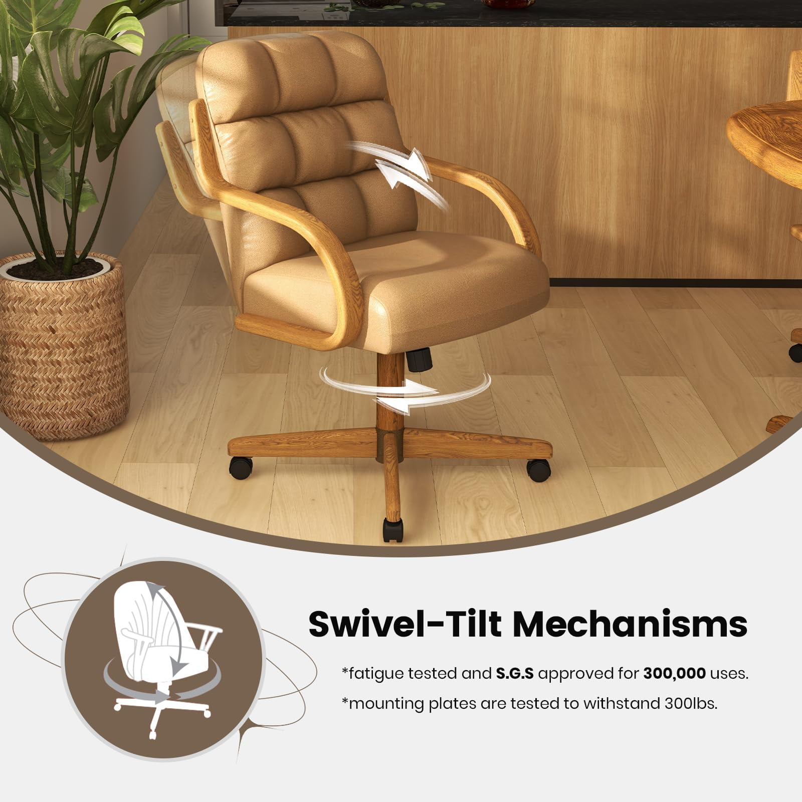 Chromcraft Douglas Swivel Tilt Dining Chair with Casters – Comfortable Cushioned Seat for Kitchen & Home Office, Taupe Upholstery, Chestnut Wood Accents, 1-piece set
