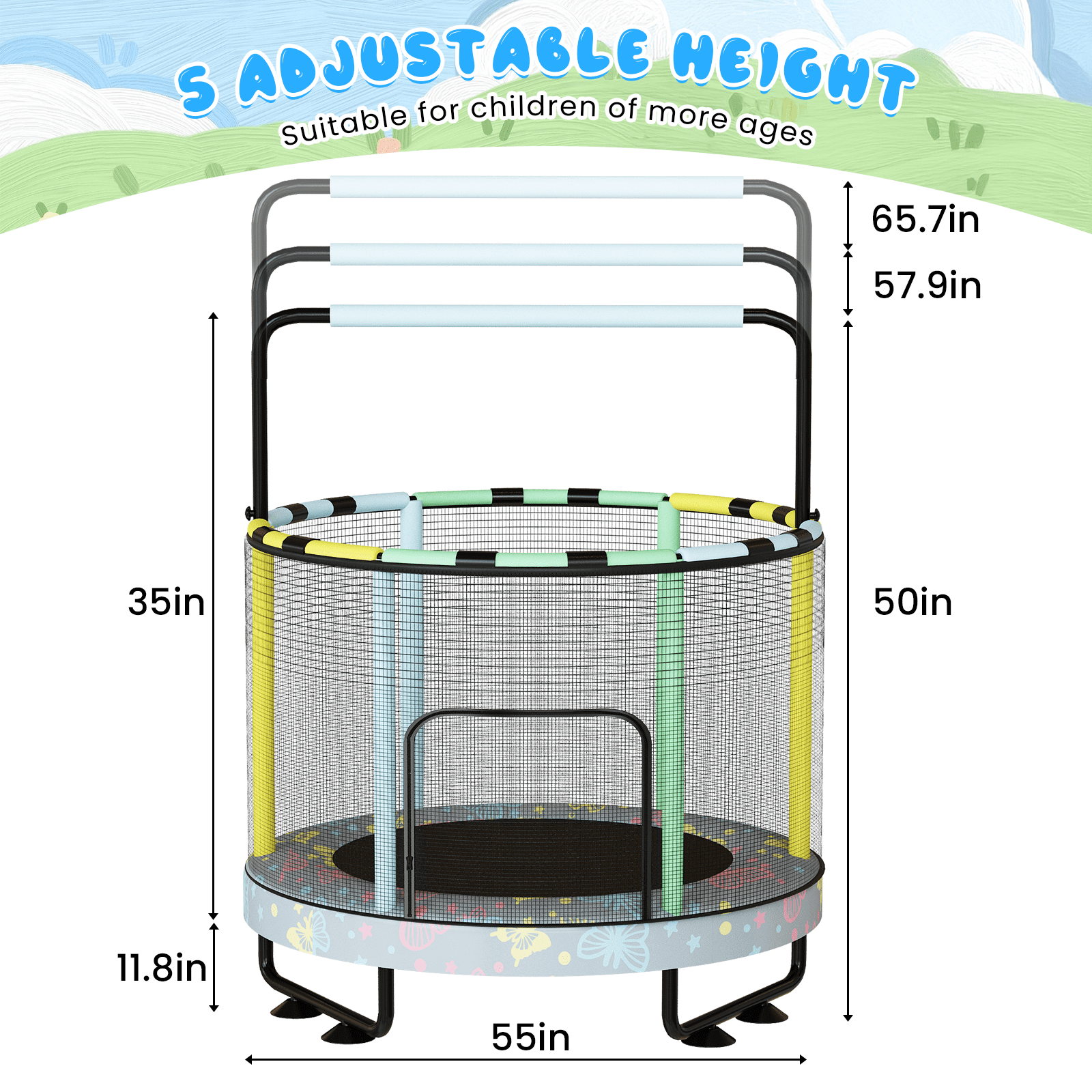 Mieres 55" 7-in-1 Upgraded Kids Trampoline with Swing & Basketball Hoop, Reinforced Safety Design with Adjustable Height & Net for Ages 3-8, 500lbs Capacity, In/Outdoor Play Center, Pink Butterfly