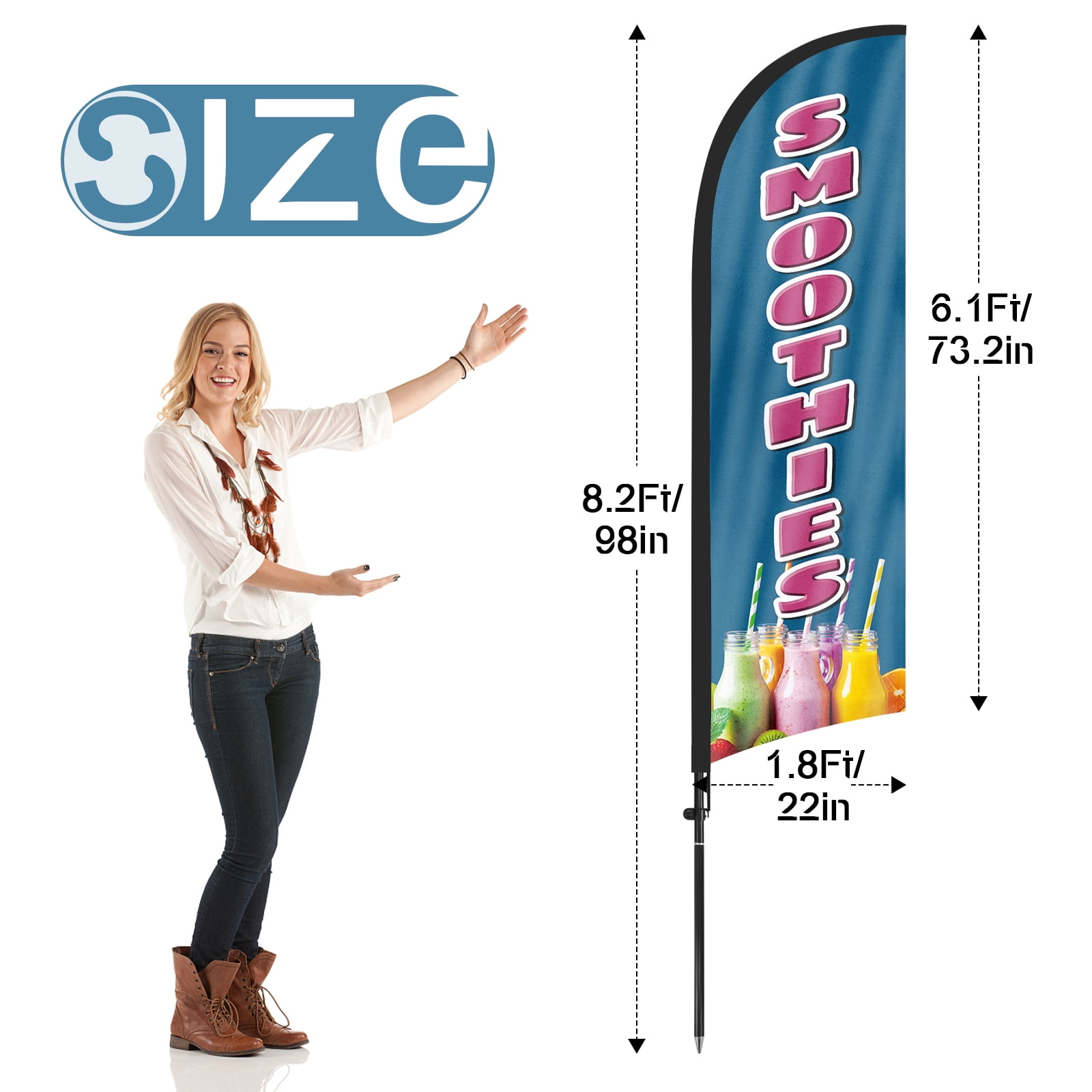 QSUM Smoothie Feather Flag with Flag Pole Kit and Ground Spike, 8.2FT  Ice-Cream Windless Flag Banner Sign Business for Outdoor Advertising Sign Decoration Display