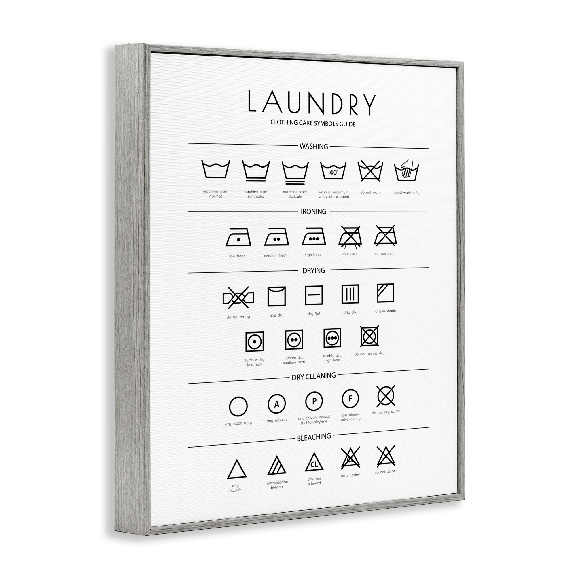 Minimal Laundry Cleaning Symbols Gray Framed Giclee Art, 24 x 30, Made Domestically