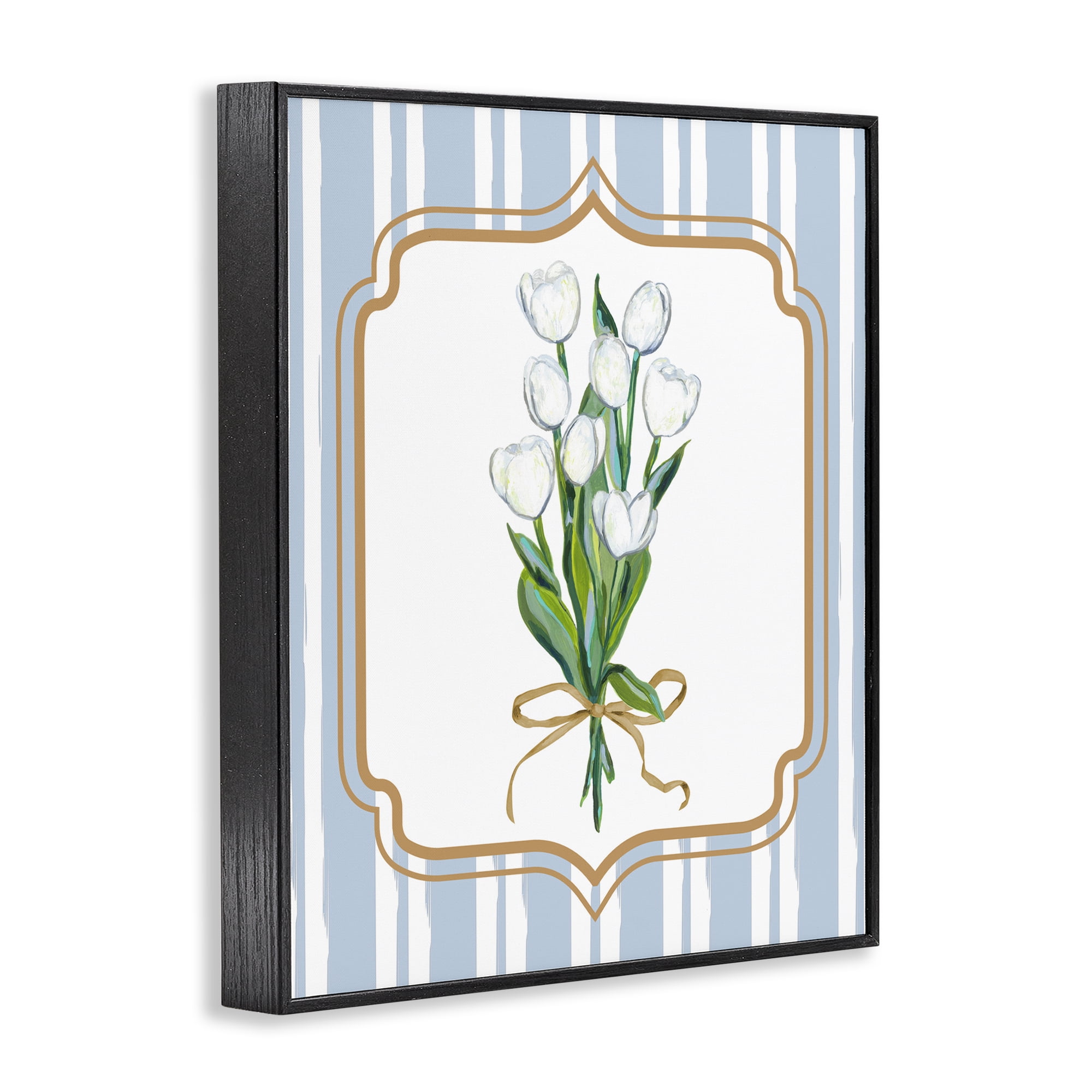White Tulip Bouquet & Stripes Black Framed Giclee Art, design by Adonna Ebrahimi