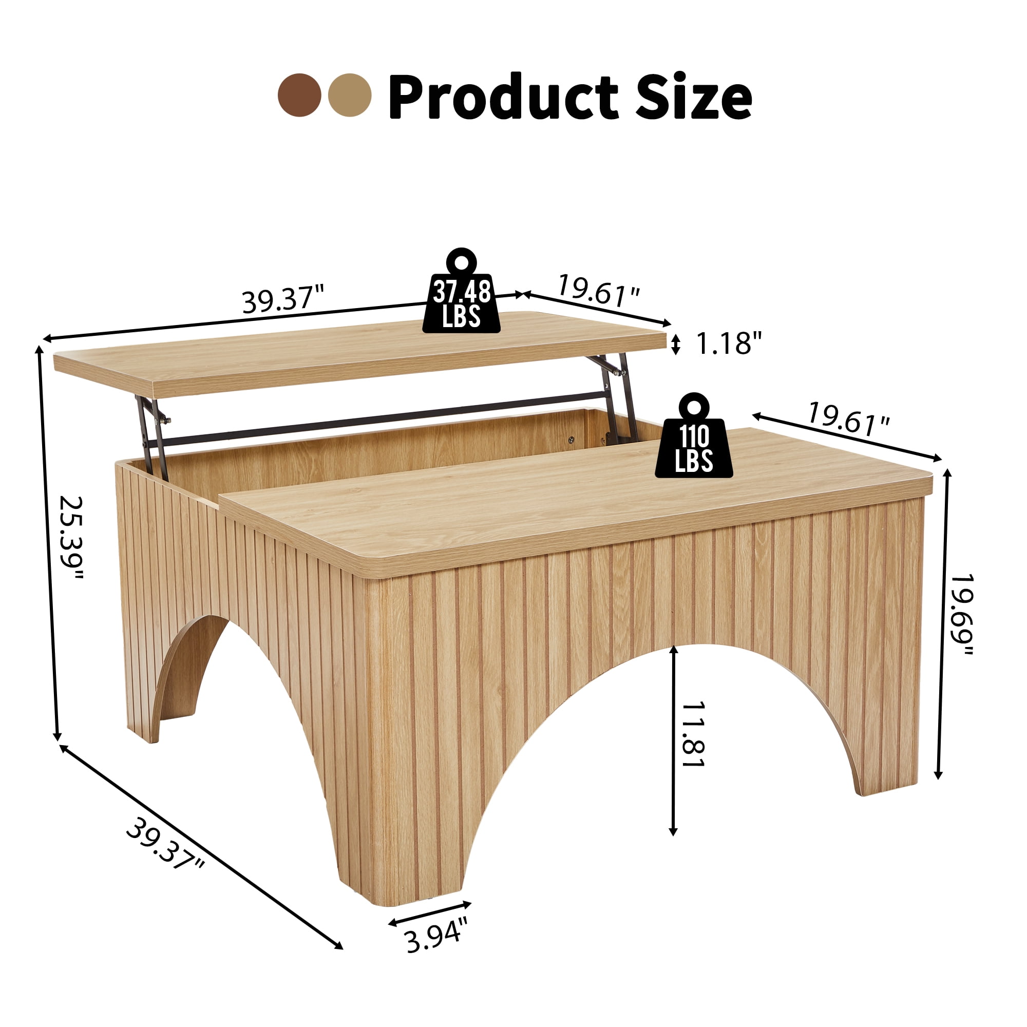 YOCWO 4 in 1 Carved Arched Square Coffee Table with Flip Top and Lift Top, Square Coffee Table with Hidden Compartments Storage for Living Room, Natural