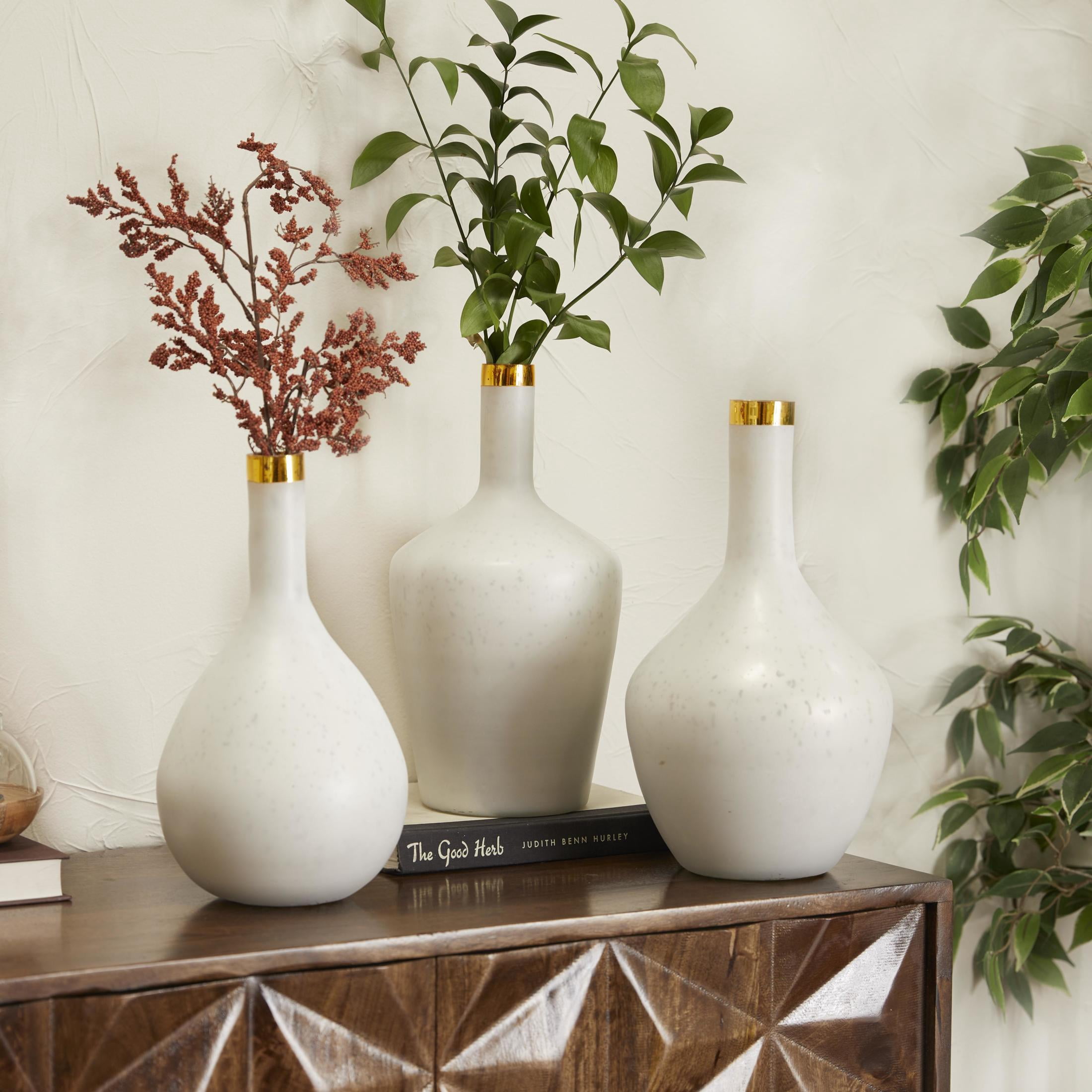 DecMode 13", 14", 13"H White Glass Vase with Gold Rim, Set of 3