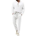 thumbnail image 2 of Fgnfyis Men's Fashion Casual Solid Color V Neck Long Sleeve T Shirt and Loose Tracksuit 2 Piece Set Pants Sets White L, 2 of 8