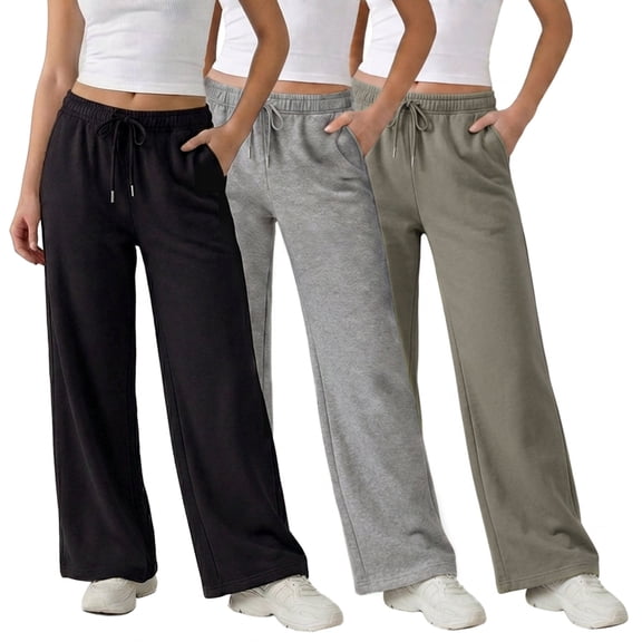 Common Stitch Women's Wide Leg Fleece Sweatpants, 3-Pack, Deep Pockets, Elastic Drawstring Waist,