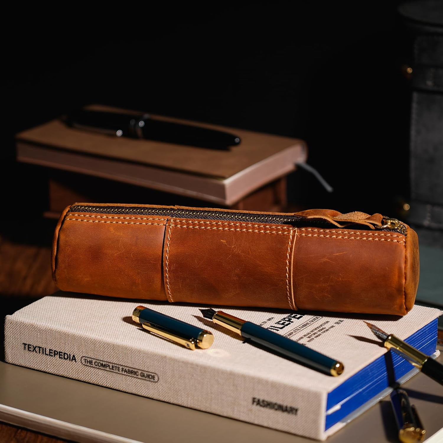 ABPETE Genuine Leather Pencil Case, Full-Grain Cowhide Leather Pouch, Small Pencil Pouch for Men, Vintage Pen Bag for Adults, Stationery Organizer Case for Work & Travel-Cylinder-Brown