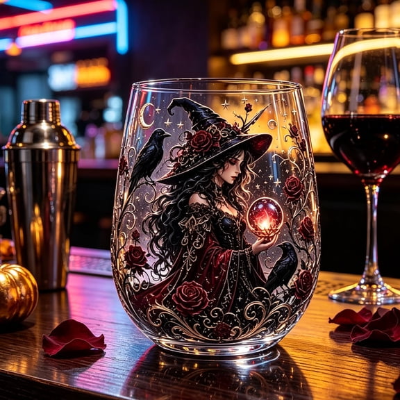 Halloween Witch Stemless Wine Glass Set, Gothic Crystal Ball Tumbler for Spooky Party Decor.