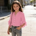 thumbnail image 4 of CQONEPT Linen Button Down Shirt for Girl 3/4 Length Ruffle Sleeve Tops Casual V Neck Cute Shirts Summer Vacation Blouses Pink 5 Years, 4 of 7