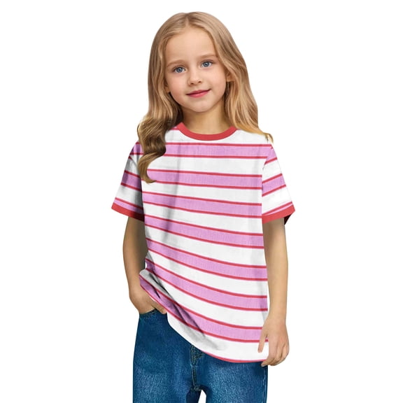 Cethrio Girls Stripe T-shirts, Casual Pullover Short Sleeve Soft Summer Tops Red Size 7-8