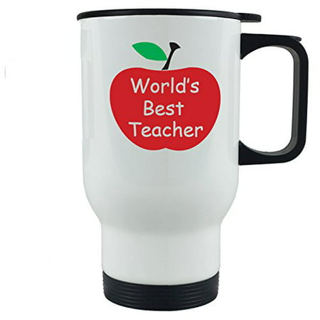 World's Best Teacher 14 oz White Stainless Steel Travel Coffee Mug - Great Gift for Teachers - Birthday, or Christmas Gifts for (Best Gift For Male Teacher On Birthday)