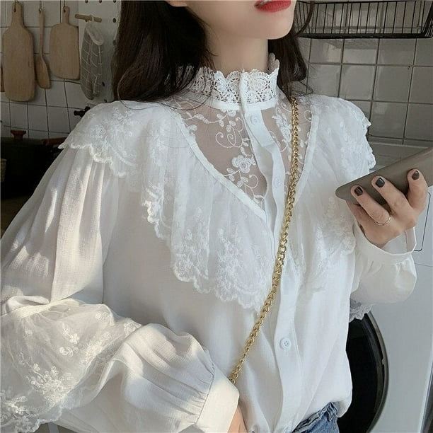 Sweet Loose Women Clothes Korean Ruffled White Blouse Fashion