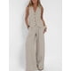 thumbnail image 2 of Moda Casual chaleco liso pantalones traje para mujer nuevo verano cuello pico botón Top bolsillo cintura elástica pantalones trajes traje de dos piezas, 2 of 5