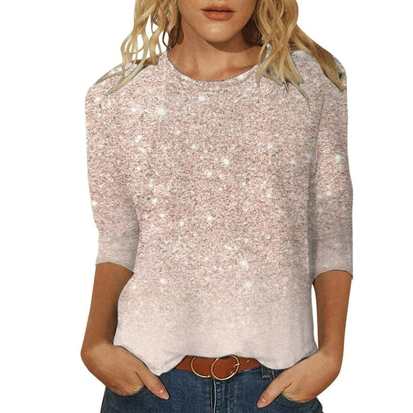 Women's T Shirts Ladies 3/4 Sleeved Sequin Printed Round Neck Top T Shirt Outwear Tshirts Women Pink M