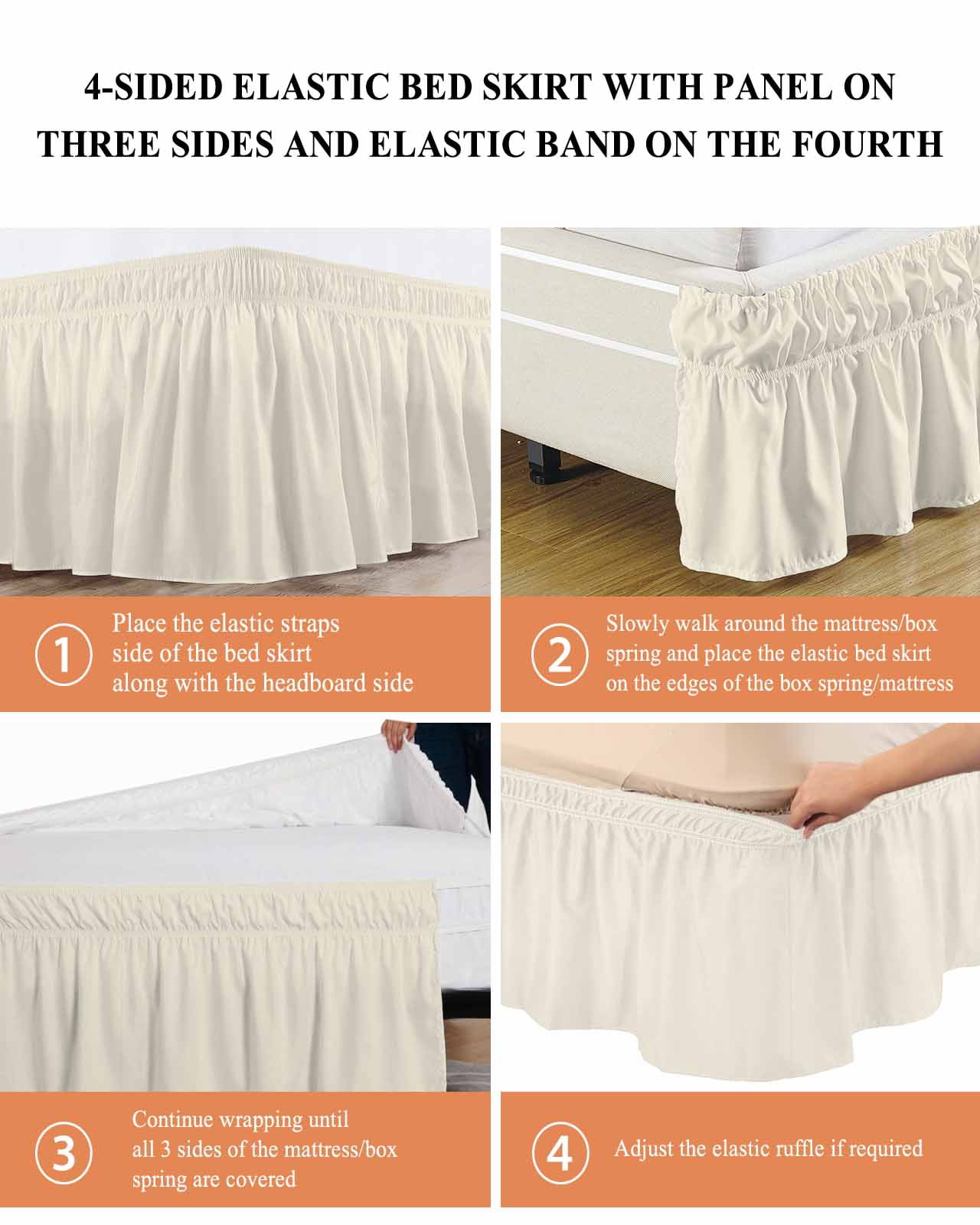 Cream Bed Skirt Cal King Size, Modern Pure Beige Wrap Around Bed Skirting with Adjustable Elastic Strap, Dust Ruffled Pleated Bedskirts 16 Inch Drop for Bedroom Cal King Beds