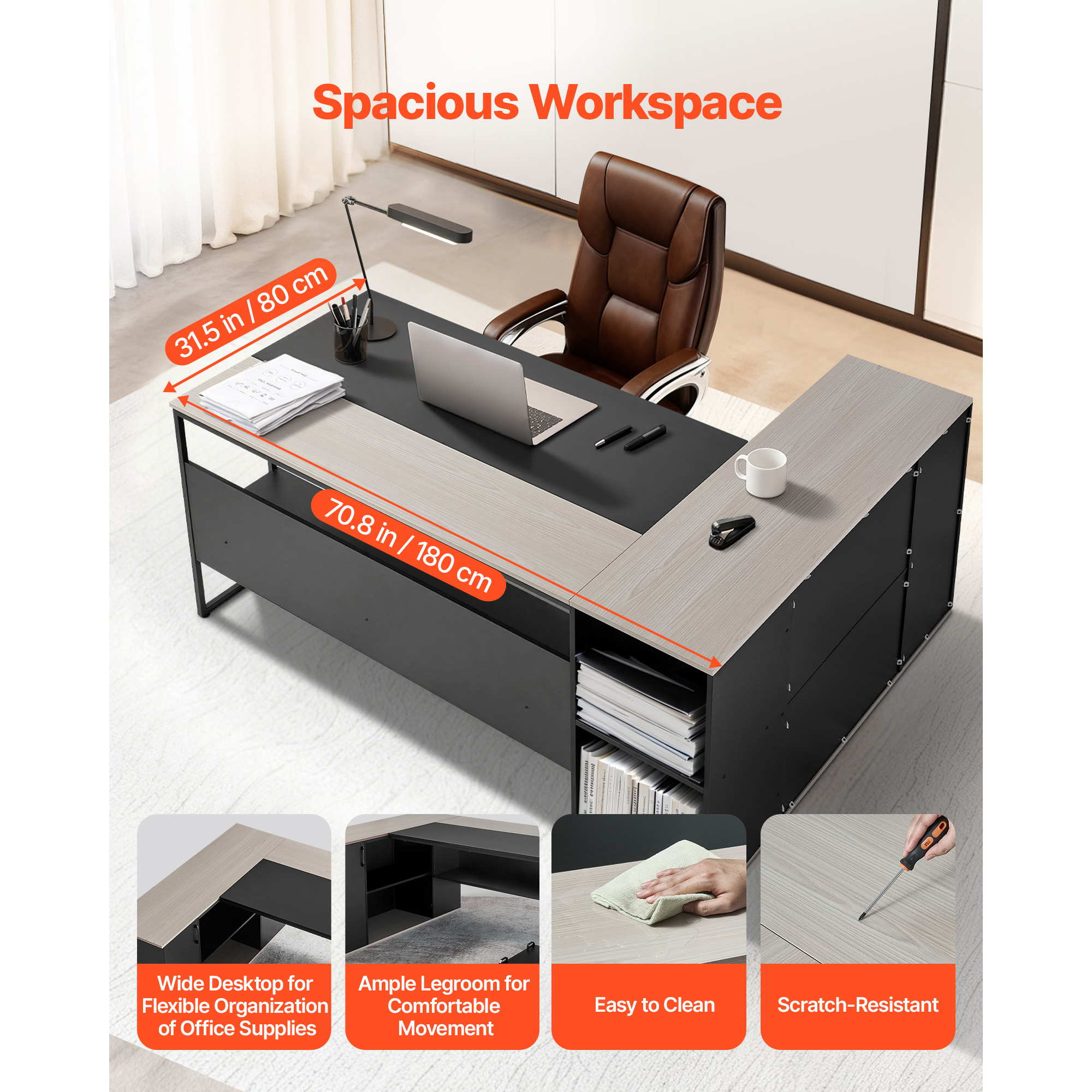 KFFKFF L-Shaped Office Desk with Storage Cabinet and Drawers, Spacious Wooden Workstation with CPU Stand, Durable Design Supporting Up to 350 lbs, Simple Assembly for Work, Study, or Writing