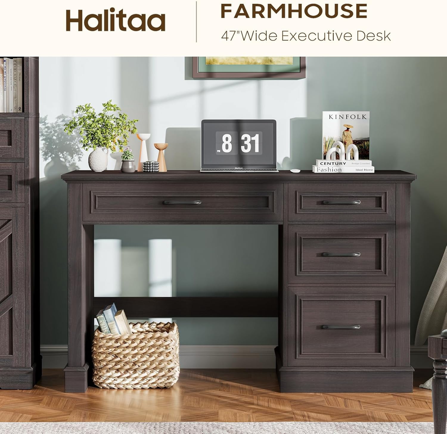 Halitaa Farmhouse 47" Executive Desk with File Drawer, Computer Desk with 4 Drawers, Workstation for Study, Home Office, Writing, Espresso.