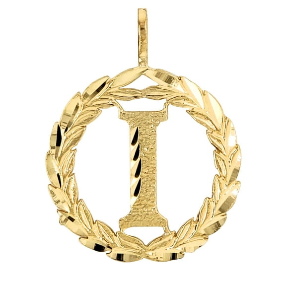 Precious Stars 14K Yellow Gold Round Wreath Unisex Initial Letter 'I' Pendant - No Chain, Pendant Only