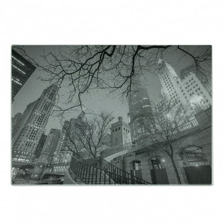 

Black and White Cutting Board Chicago City Downtown Nighttime Highrise Buildings Tree Branches Decorative Tempered Glass Cutting and Serving Board Small Size Grey Black White by Ambesonne