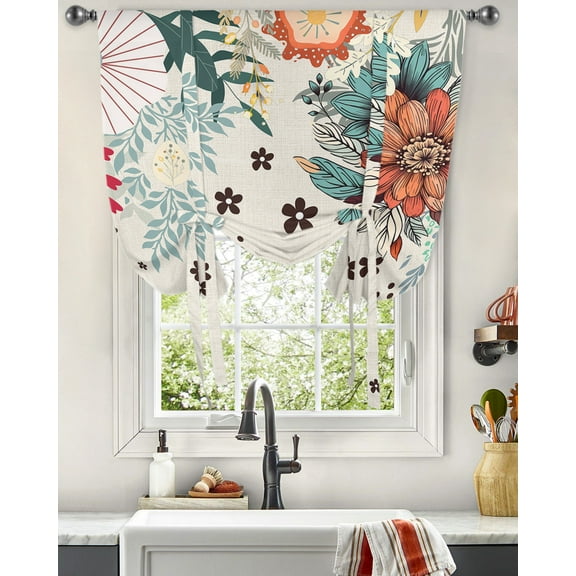 Boho Abstract Flower Plant Window Curtain for Living Room Adjustable Curtains for Kitchen Cafe Tie Up Short Drapes