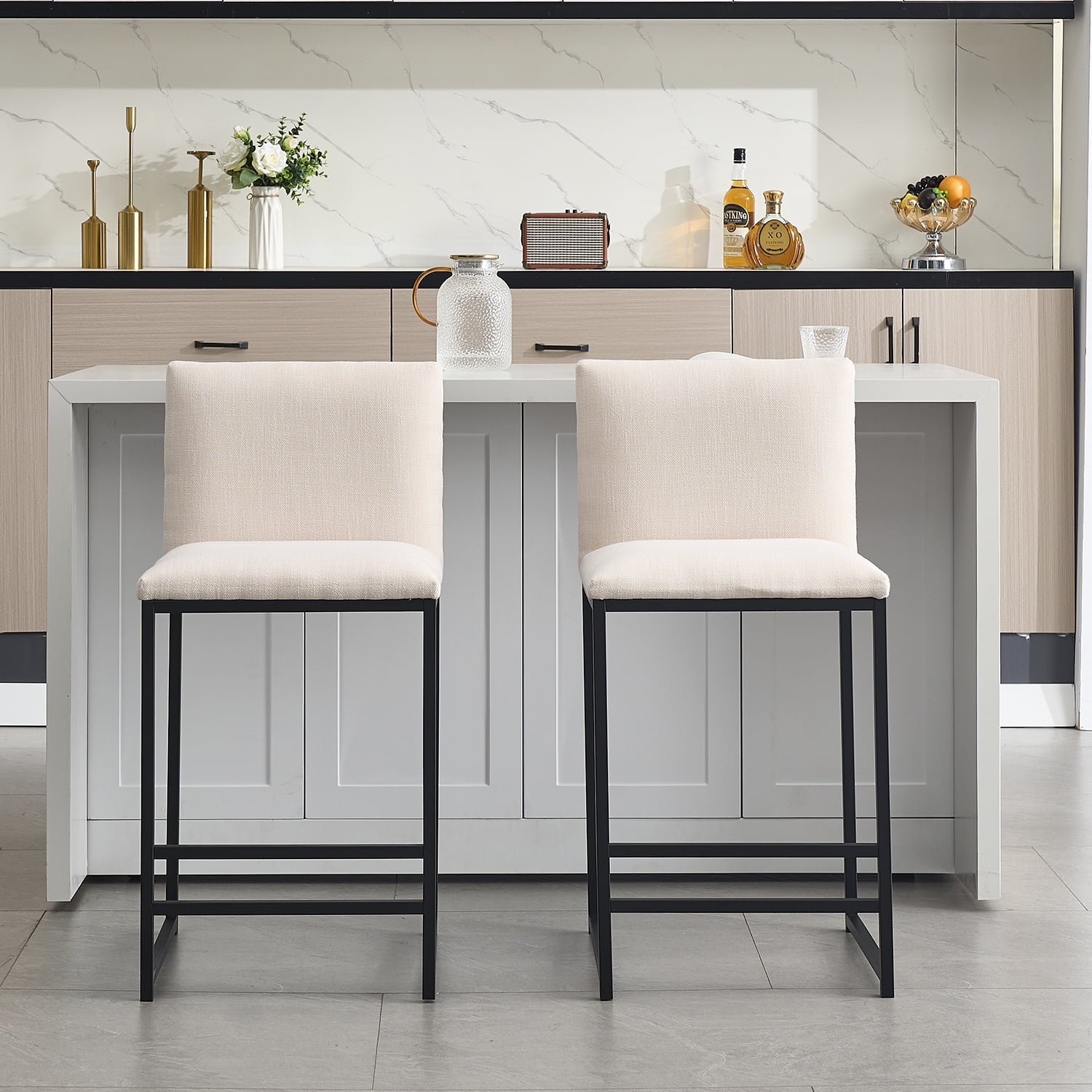 Demi Bonn 44" Counter Height Bar Stools Set of 2, Upholstered Linen Barstools with Back, Armless Kitchen Island Countertop Chairs with Metal Legs, White