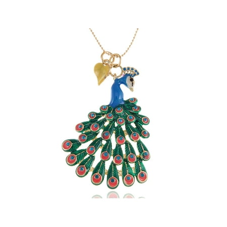Crystal Peacock Bird - Golden Tone Crystal Rhinestone Enamel Hand-Painted Peacock Bird Necklace Pendant