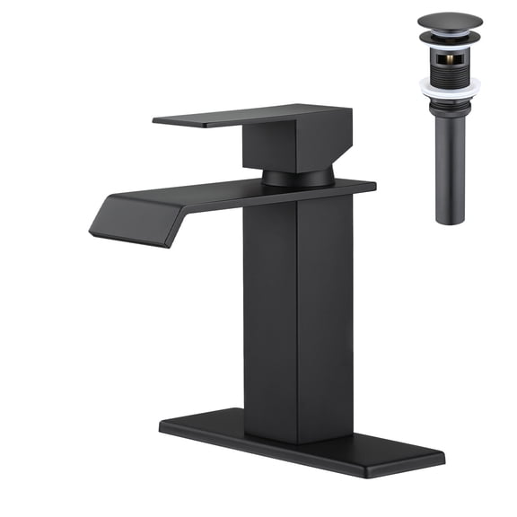 Bathroom Sink Faucet, Waterfall Spout Bathroom Sink Single Handle Faucet with Pop-Up Drain (with Overflow), Matte Black Bathroom Faucet,Stainless Steel Centerset Bathroom Faucet