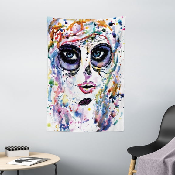 Sugar Skull Decor Tapestry, Halloween Girl with Sugar Skull Makeup Watercolor Painting Style Creepy, Wall Hanging for Bedroom Living Room Dorm Decor, 40W X 60L Inches, Multicolor, by Ambesonne