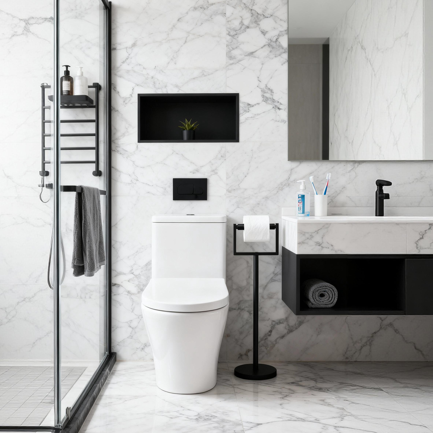 Yucurem Freestanding Toilet Paper Holder Stand, Weighted Base Floor Tissue Roll Shelf for Bathroom, Matte Black