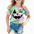 thumbnail image 4 of KPOPLK Girls Halloween T Shirt Cute Tie Dye Graphic Short Sleeve Crew Neck Kids Fall Party Top Size 6-7 Years,Light Green, 4 of 5