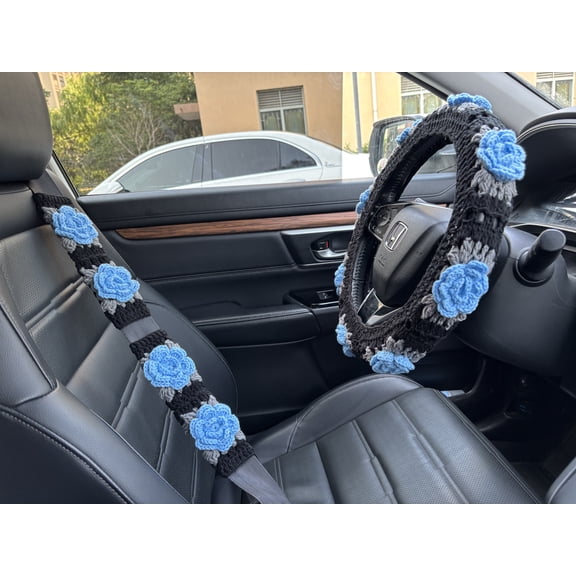 Crochet Roses Flower Steering Wheel Cover&Seat belt Cover: Car Accessory Gift