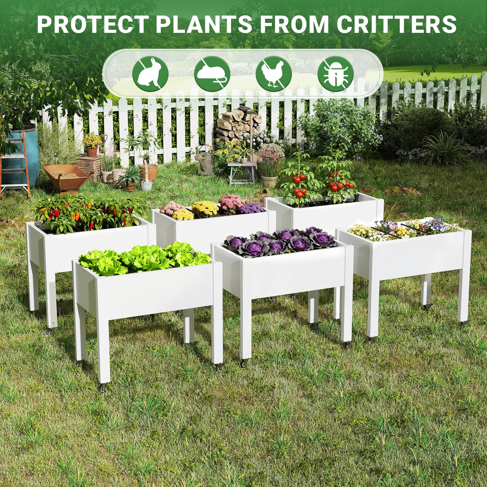Nihsuao 30in Large Raised Garden Bed with Wheels, Outdoor Elevated Planter with Weatherproof Resin, Effective Drainage for Backyard, Patio and Balcony, White