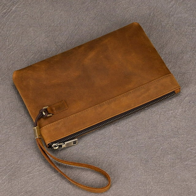 Sac à Main Rétro en Cuir Véritable pour Hommes Grande Capacité Sac à Main Cheval Fou Portefeuille d'Affaires style long
