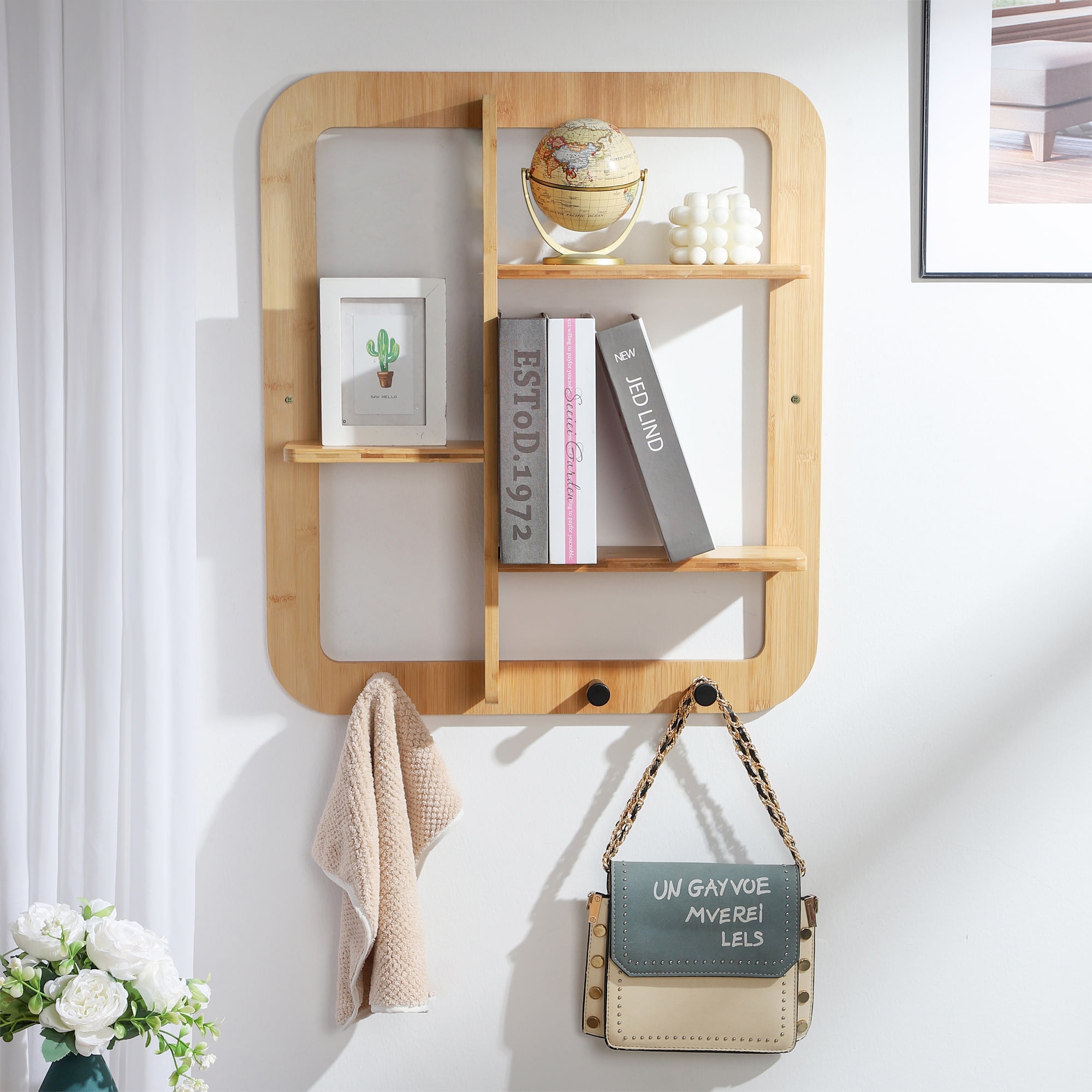 Proman Products Fiji Wall Mounted Bamboo Floating Shelves, Book Shelves, Storage shelves Organizer with Hooks Clothes Hat Bag for Living Room, Bathroom, EntryWay (Natural)