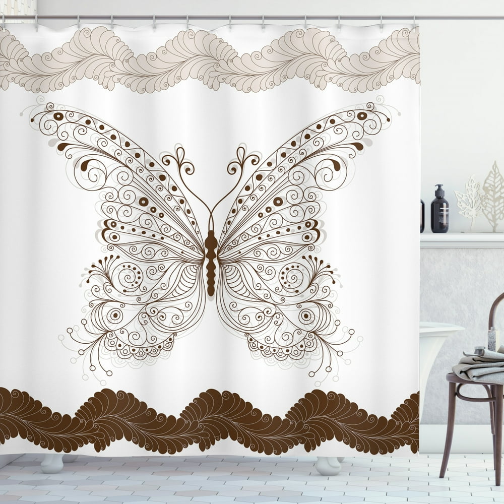 Butterfly Shower Curtain, Butterfly Artwork with Swirled Wings Vintage