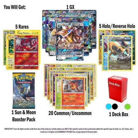 Pokemon Gx Guaranteed With Sun And Moon Booster Pack 5 Holoreverse Holo Cards 5 Rare Cards 20 Regular Pokemon Cards Deck Box And Bonus